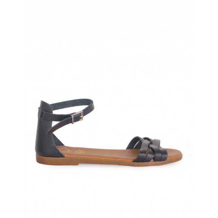Sandalias Planas Pulsera Piel Negra PERA LIMONERA