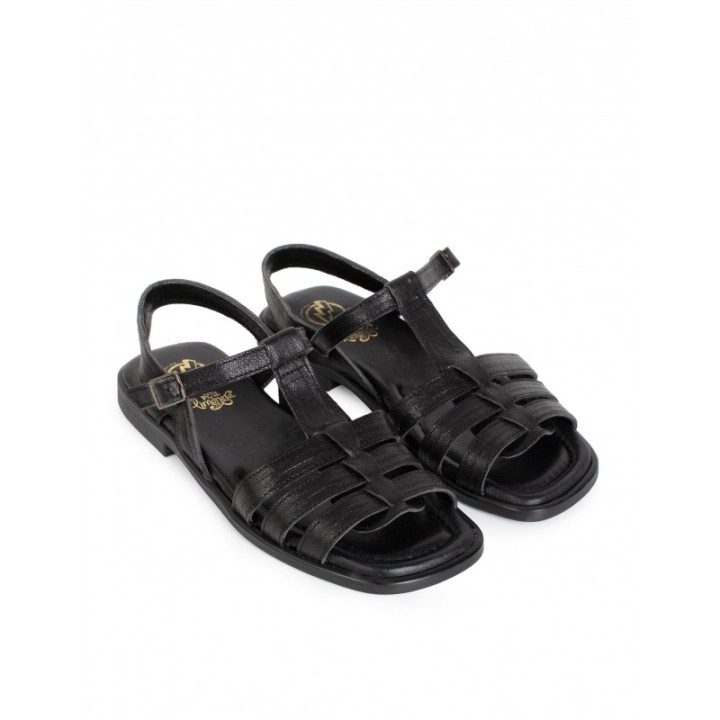 Sandalias Planas Tiras Piel Negra PERA LIMONERA