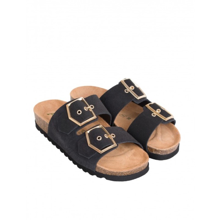 AUTENTI Sandalias Bio Hebillas Doradas Negras