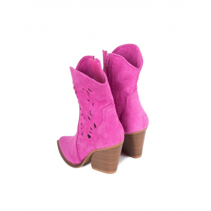 Botines Camperos Calados Tacon Fucsia