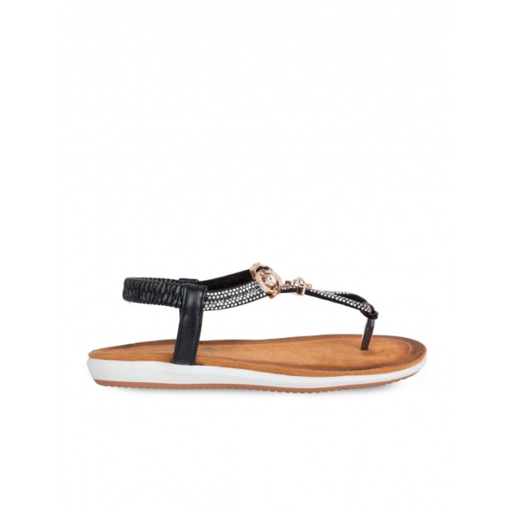 EXe Sandalias Planas Abalorios Negras