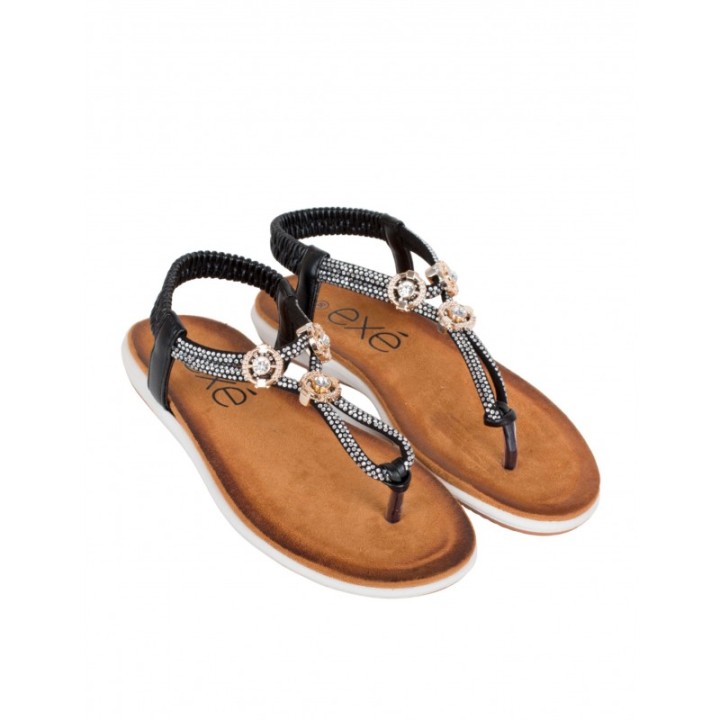 EXe Sandalias Planas Abalorios Negras