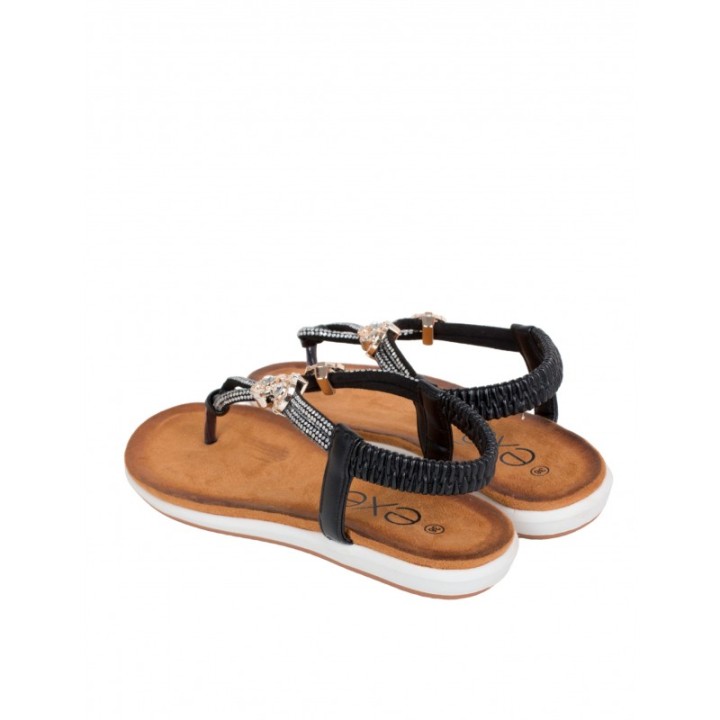 EXe Sandalias Planas Abalorios Negras
