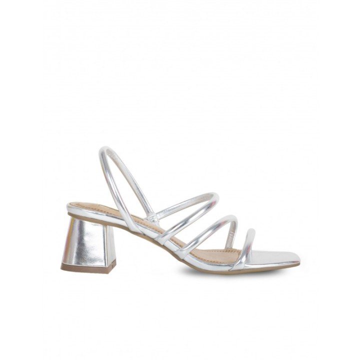 Sandalias Plateadas Tacon Cuadrado