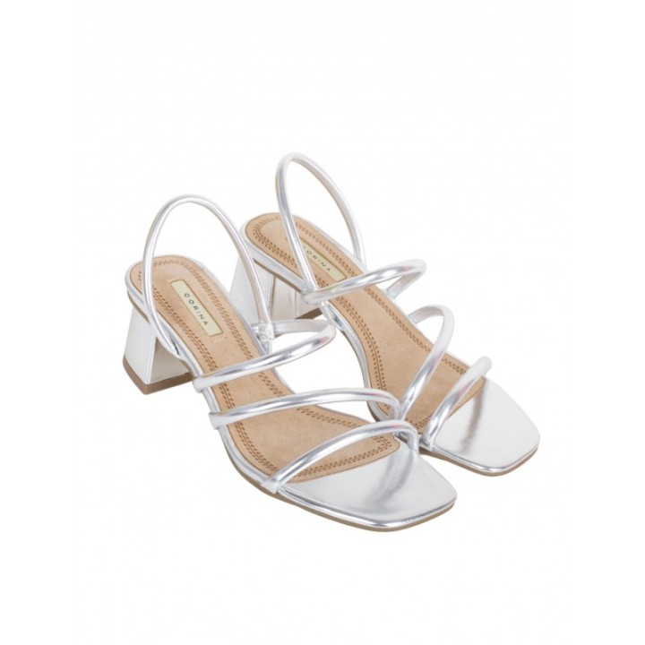 Sandalias Plateadas Tacon Cuadrado
