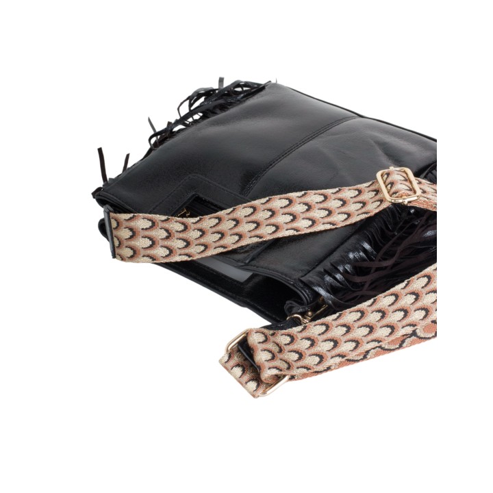 Bolso Flecos Piel Metalizado Negro