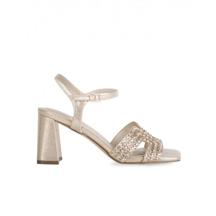 Sandalias Doradas Pedreria Tacon Ancho