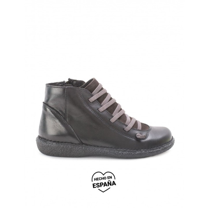 Botines Piel Cordones Elasticos Negros