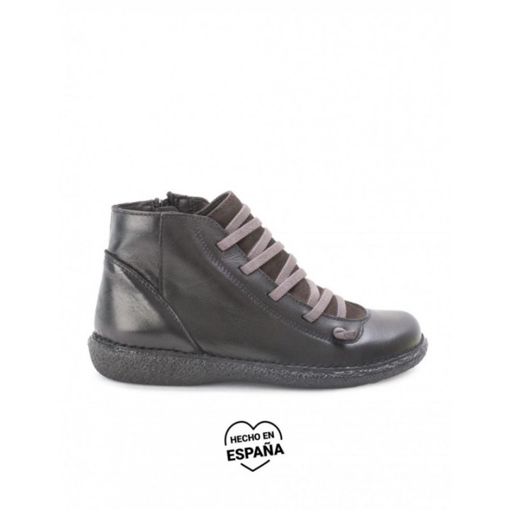 Botines Piel Cordones Elasticos Negros
