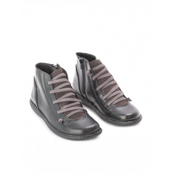Botines Piel Cordones Elasticos Negros